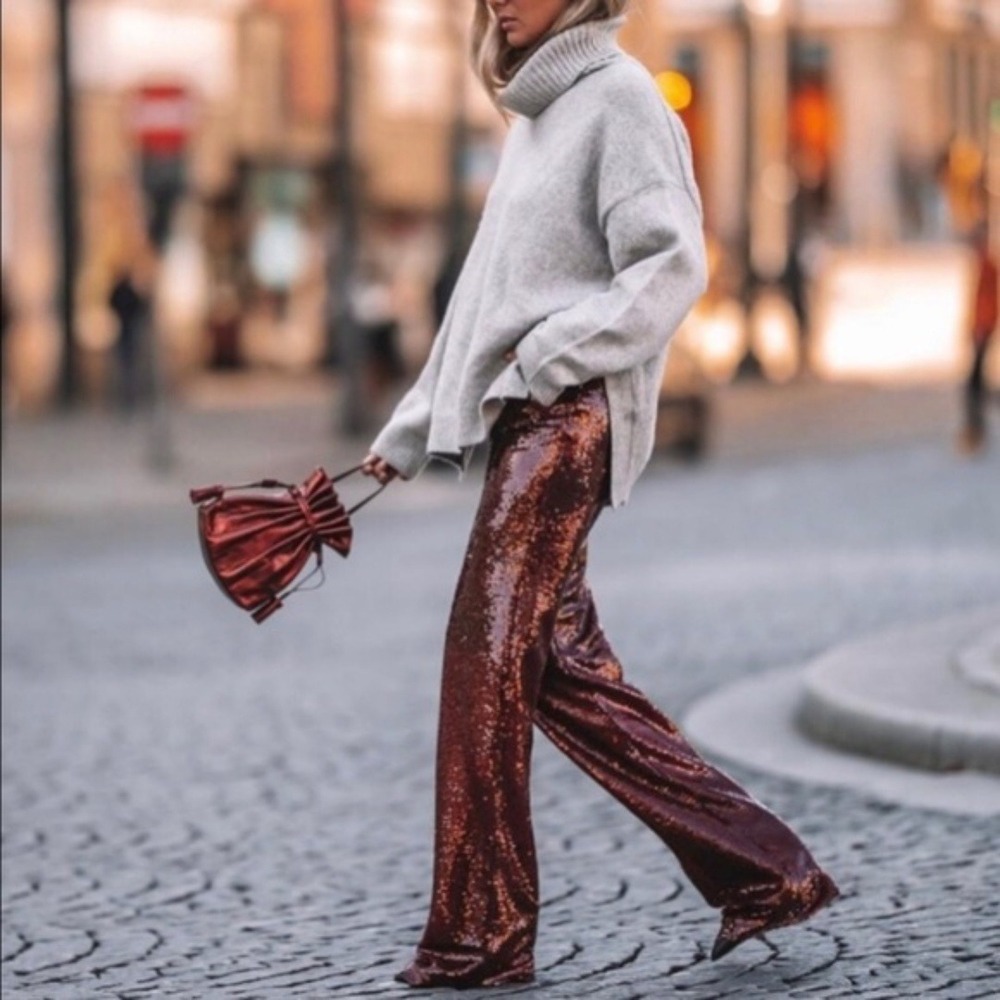 Zara | Sparkle Sequins Flare Wide Leg Pants Striped Black Red - 3440/251/800 - Picture 3 of 12